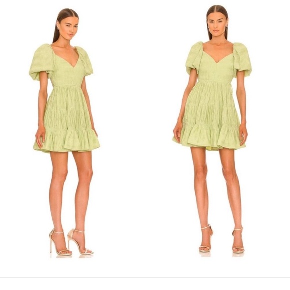 Jonathan Simkhai Cadence Mini Dress Size 2 NWT Green Puff Sleeve Ruffle Hem - Picture 1 of 16